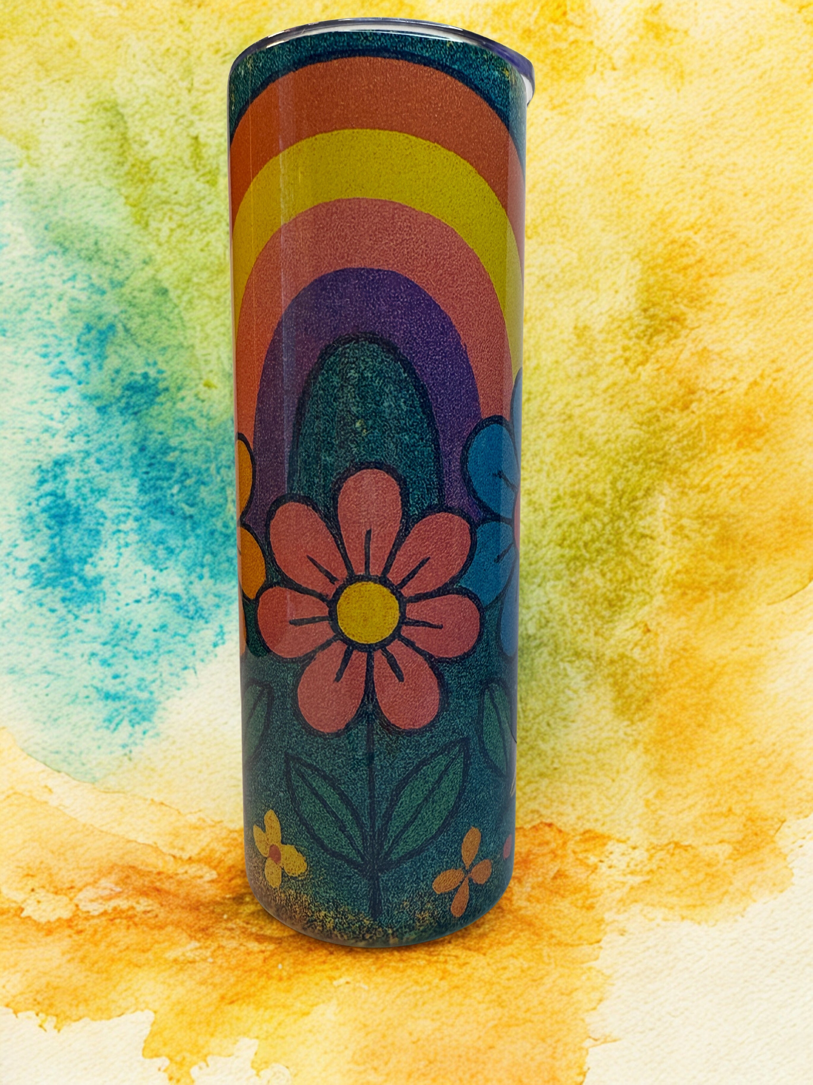 Groovy Rainbow & Floral Tumbler – 20 oz Stainless Steel