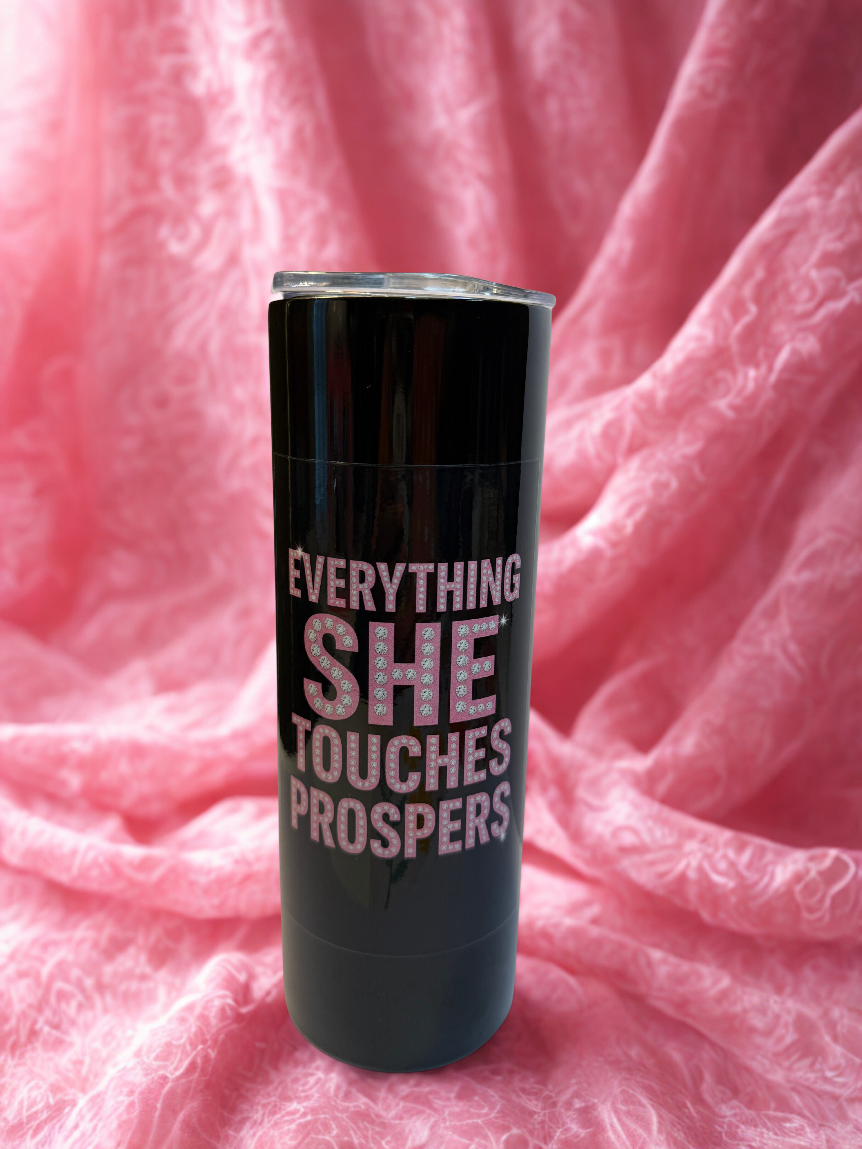 💖 “Everything She Touches Prospers” Black Stainless Steel Tumbler – Faith + Power on the Go