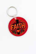 FAITH” Bold Cross & Heart Keychain – Round Acrylic Charm