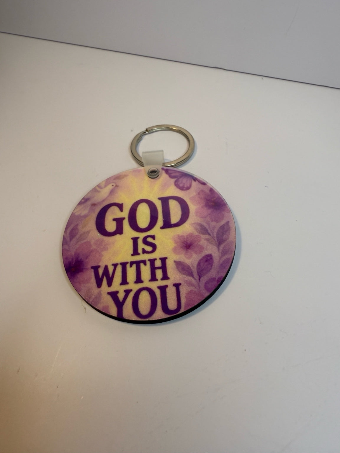 God Is With You” Purple Floral Keychain – Round Acrylic Charm